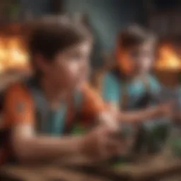 A vibrant scene showing children engaged in a Minecraft-inspired game, showcasing their creativity