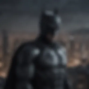 Batman in a dramatic pose against Gotham City skyline