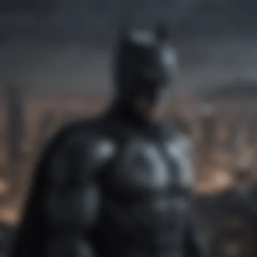 Batman in a dramatic pose against Gotham City skyline