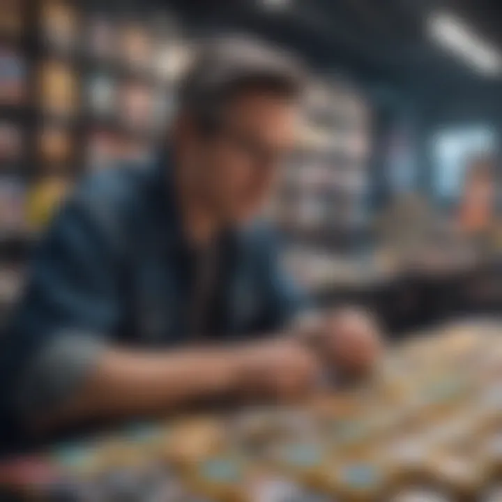 Collector examining Pokémon booster boxes at a trading event