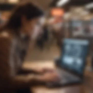 Consumer examining a laptop with promotional discounts