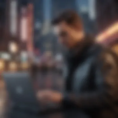 Engaging with City Simulation Player interacting with a city-building simulation on a laptop