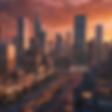 Digital City Skyline A vibrant digital city skyline at sunset showcasing diverse architectural styles