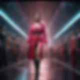 A dynamic catwalk scene showcasing players in a vibrant digital environment