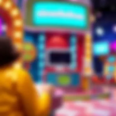 Scene from a classic Nickelodeon game show featuring vibrant set design