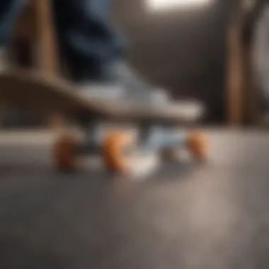 Close-up of skateboard deck during Ollie execution