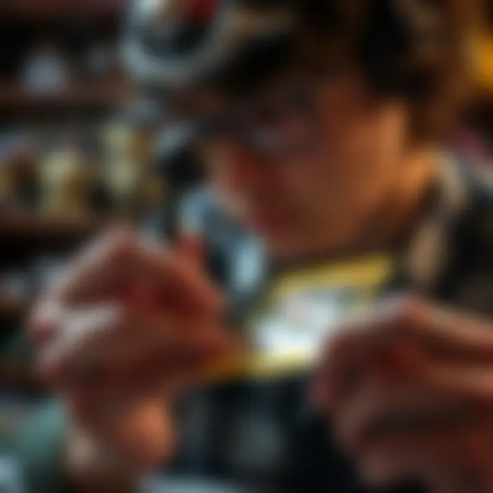 Verifying Card Authenticity A collector examining a card with a loupe to check authenticity.