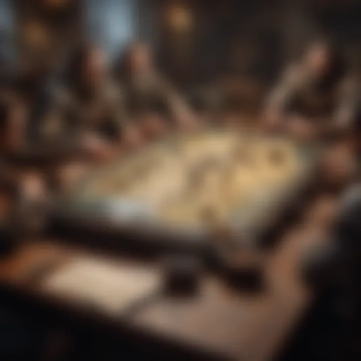 A dynamic scene of a D&D party strategizing around a table with maps and character miniatures