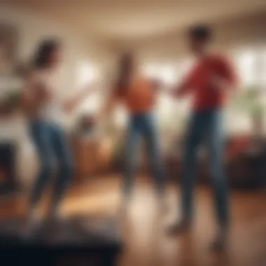 A group of friends enjoying Dance Dance Revolution in a home setting.