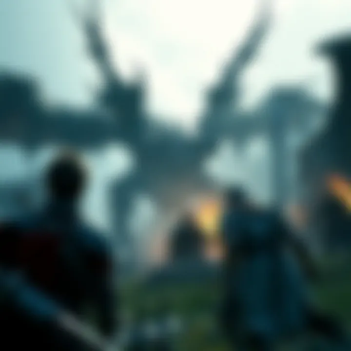 An action-packed scene of characters engaged in a fierce battle with mythical creatures.