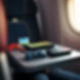 A vibrant travel game setup on an airplane tray table
