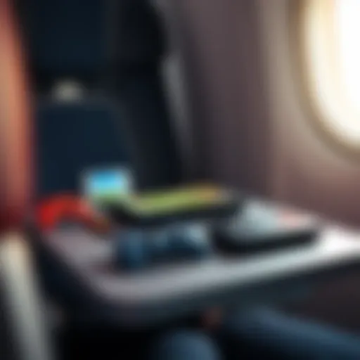 A vibrant travel game setup on an airplane tray table