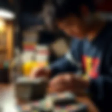 Organizing Dragon Ball Z Cards with Precision A fan organizing Dragon Ball Z cards with care and precision