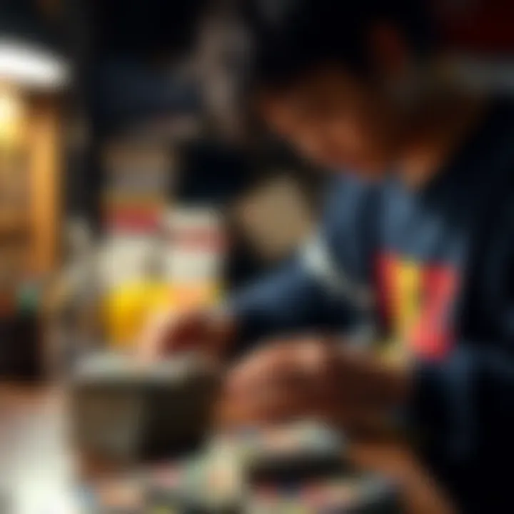 Organizing Dragon Ball Z Cards with Precision A fan organizing Dragon Ball Z cards with care and precision