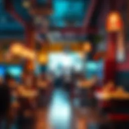 A vibrant and colorful café setting showcasing a busy gaming scene.