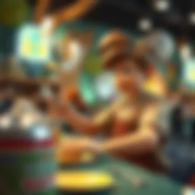 Dynamic Character Engagement A dynamic character interacting with a variety of game elements in a whimsical world.