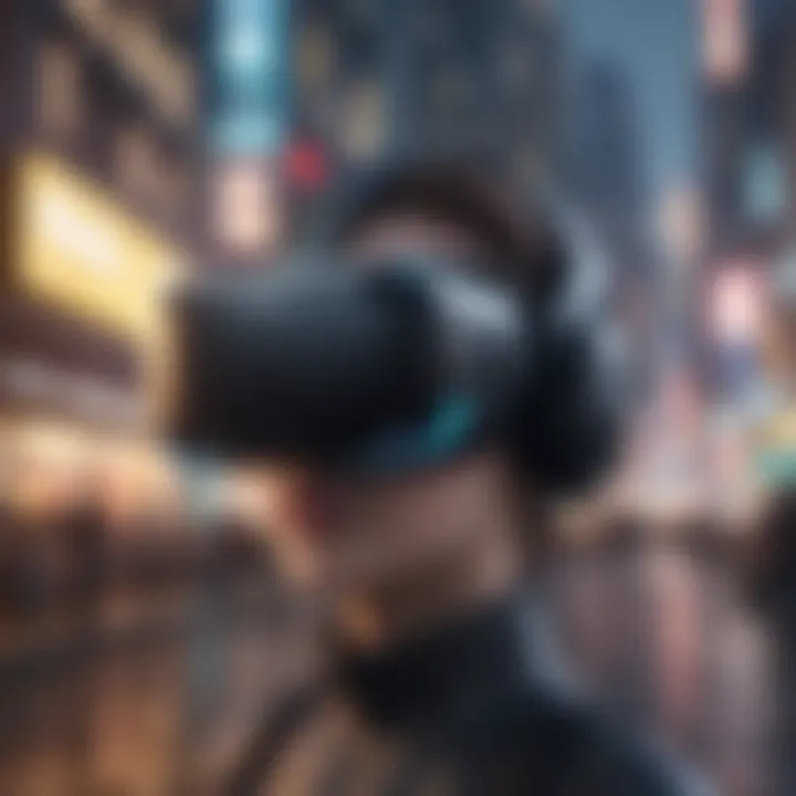 Virtual reality headset displaying futuristic cityscape