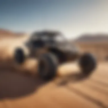 Off-road buggy kicking up dust in a desert landscape