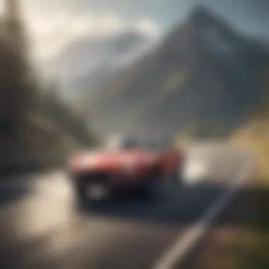 Vintage sports car drifting on a scenic mountain road