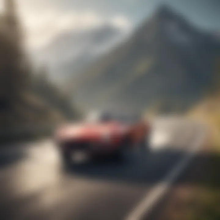 Vintage sports car drifting on a scenic mountain road