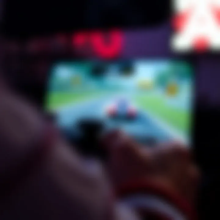 Close-up of game controller with racing game on screen