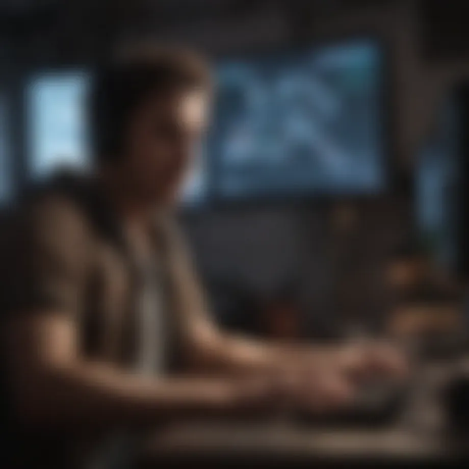 A game developer working on a computer with coding