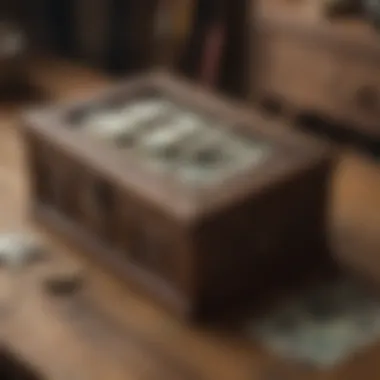 Artistic depiction of a money collector box on a rustic wooden table