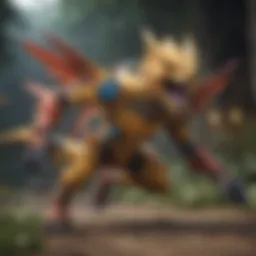 A vibrant scene from a Digimon battle showcasing various creatures in action