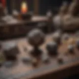 A collection of intricately designed D&D die cast miniatures arranged on a wooden table.