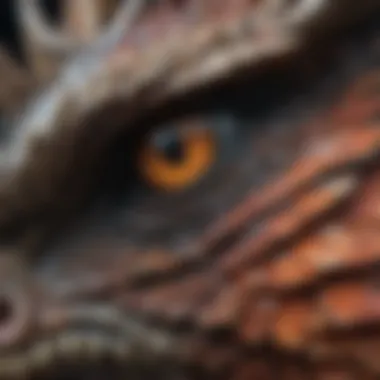 A close-up of a dragon's intricate scales and fierce eyes