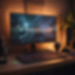 A cozy gaming setup with a laptop and colorful lights