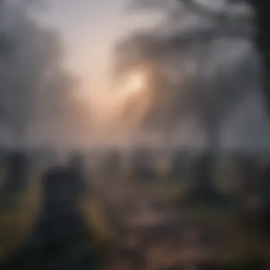 Sinister fog-covered graveyard at dusk