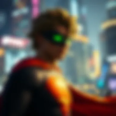 An immersive game environment showcasing a superhero character