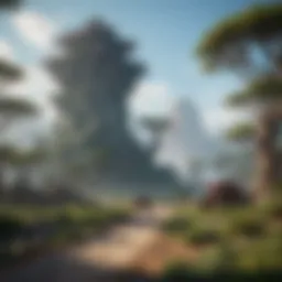 A breathtaking landscape of Horizon Forbidden West depicting lush greenery and towering machines