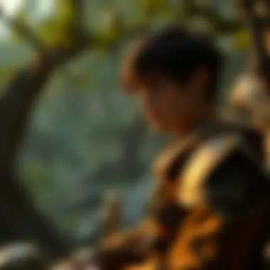 A character contemplating alternatives to level boosting in a serene game setting.