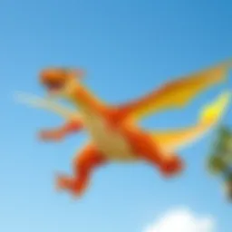 A vibrant shiny Charizard soaring through a bright blue sky.