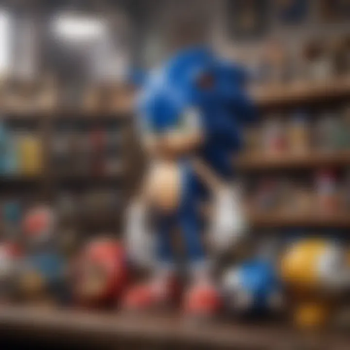 A vibrant collection of Sonic the Hedgehog collectibles displayed on a shelf