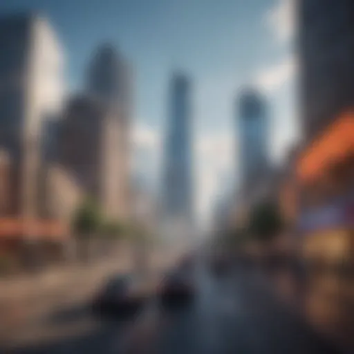 A thriving virtual city skyline showcasing modern architecture and vibrant urban life.