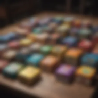 A vivid display of assorted Pokémon booster boxes arranged on a wooden table.