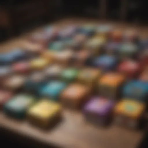 A vivid display of assorted Pokémon booster boxes arranged on a wooden table.