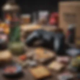 A beautifully arranged gamer care package featuring snacks and gaming gear