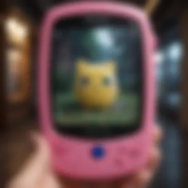 A close-up of a Tamagotchi screen displaying a virtual pet