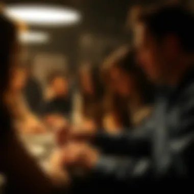 A captivating scene from a group mystery game with participants engaged in puzzle-solving