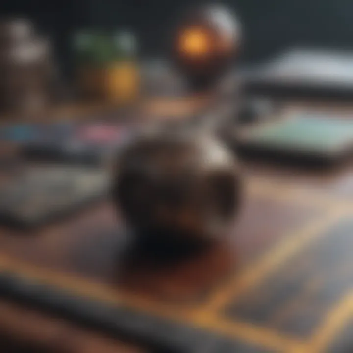 A close-up of a Commander deck with unique card art and playmat