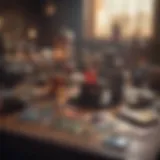 A vibrant MTG game setup showcasing a variety of cards and players engaged in a match