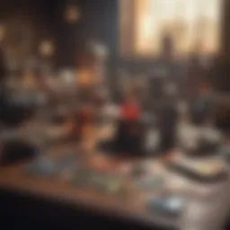 A vibrant MTG game setup showcasing a variety of cards and players engaged in a match