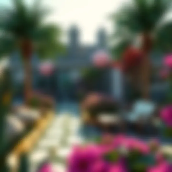 A vibrant outdoor space in Roblox featuring unique landscaping and decorations