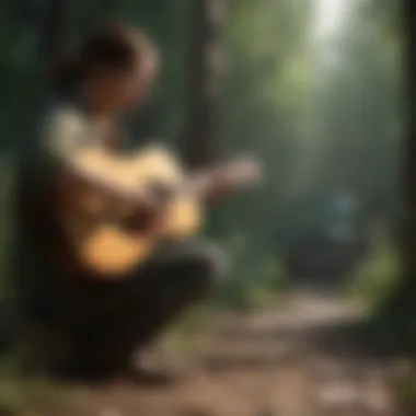 Character playing guitar in a serene environment from The Last of Us.