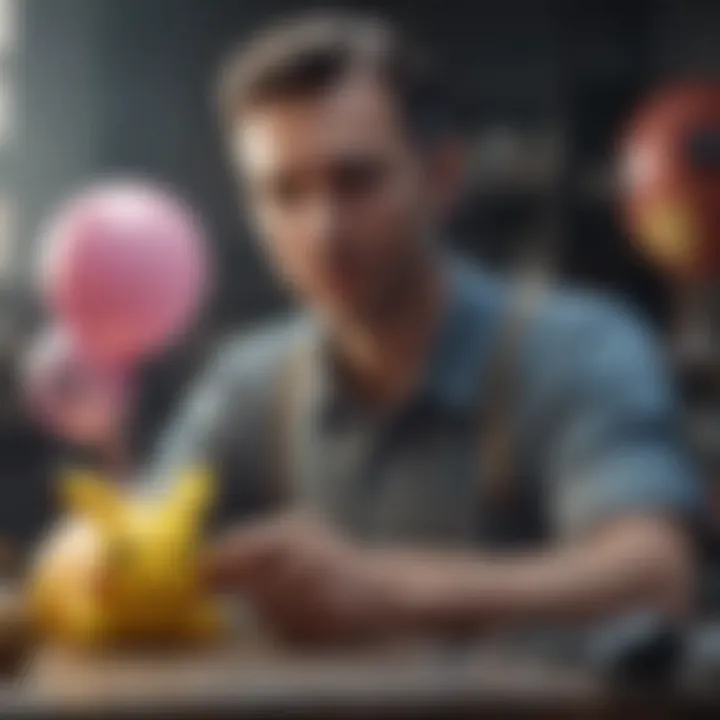 A close-up of a balloon artist skillfully crafting a Pokémon character, highlighting their artistry.