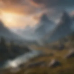 A breathtaking view of Skyrim's landscape showcasing the mountainous terrain and vibrant skies.